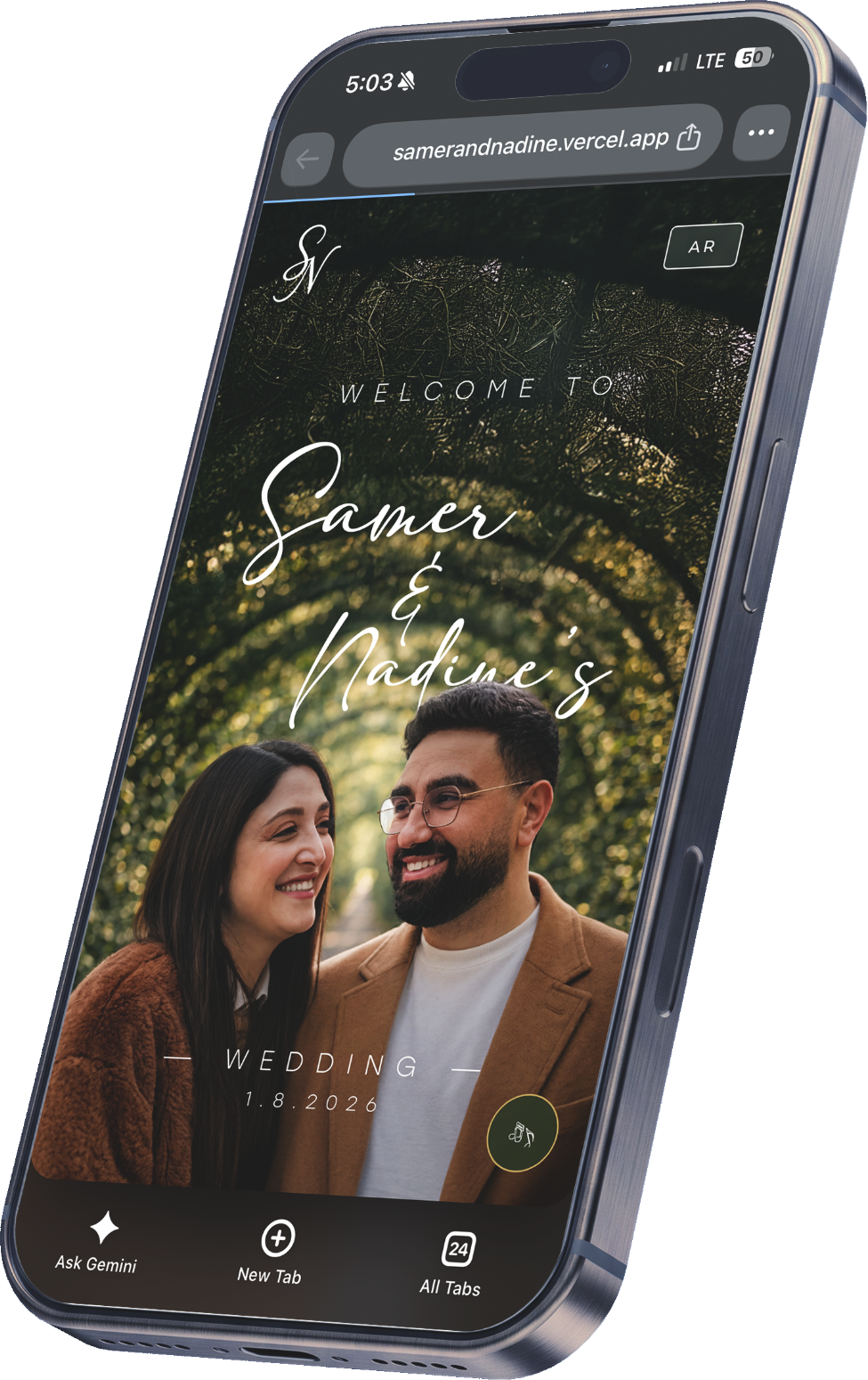Samer and Nadine invitation on an iPhone 16 Pro